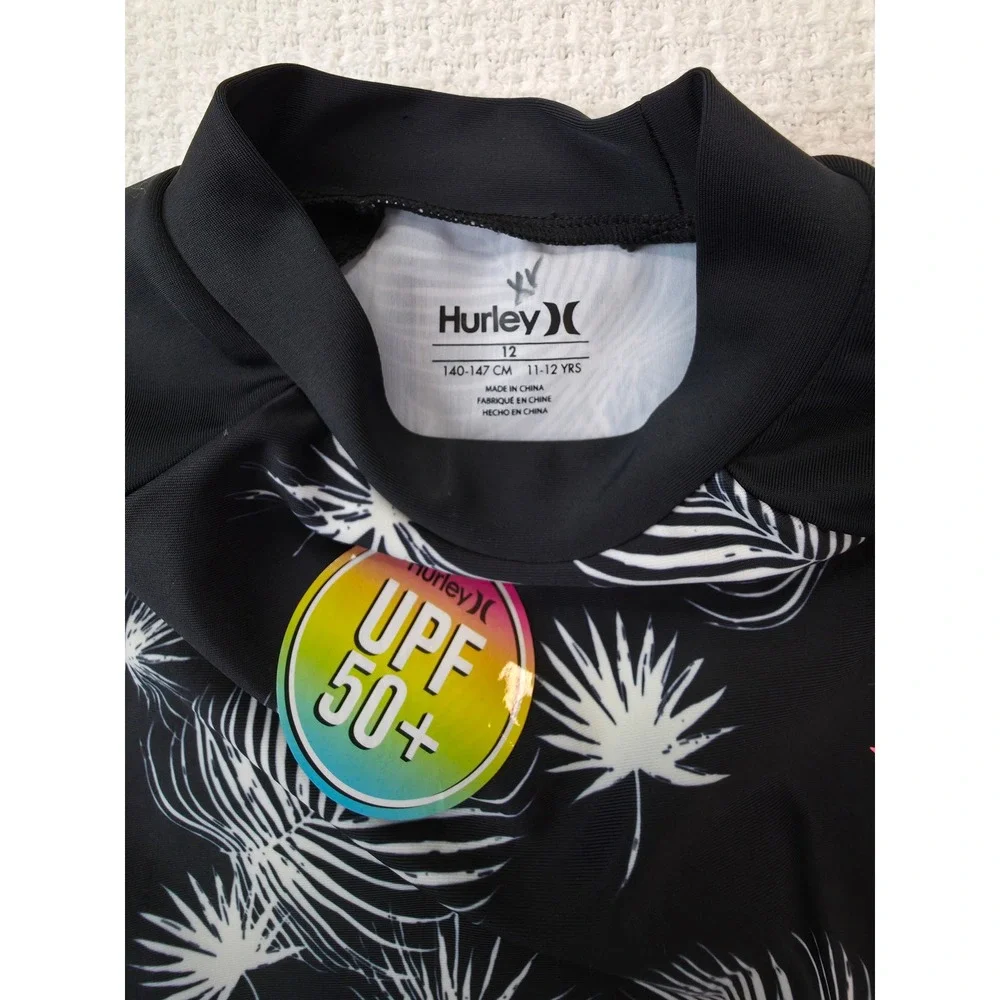 Hurley Rash Guard Girls Size 12 Black Sail New Tropical Long Sleeve UPF 50+ Top